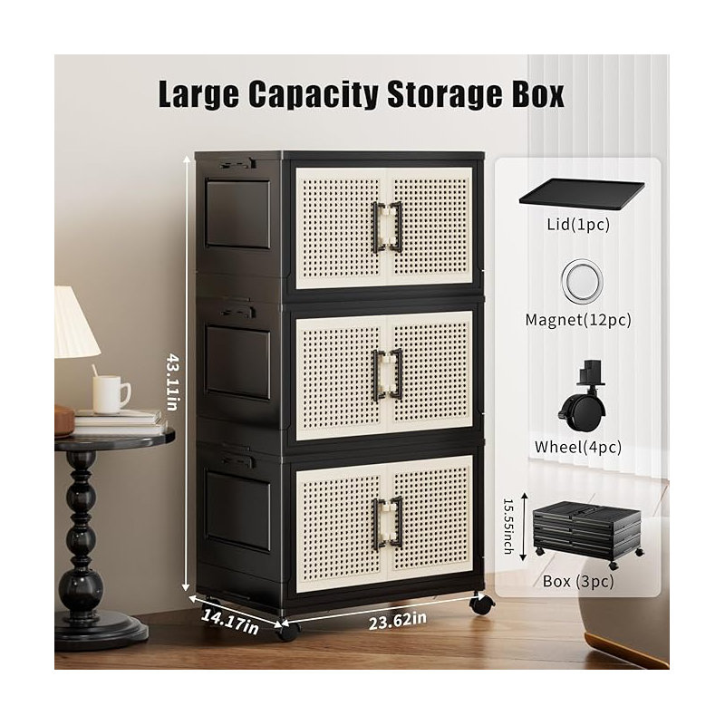 3Pack 80QT/20GAL Stackable Storage Bins With Lids, Plastic Collapsible Organizers Box  With Wheels For Home, Dorm, Office