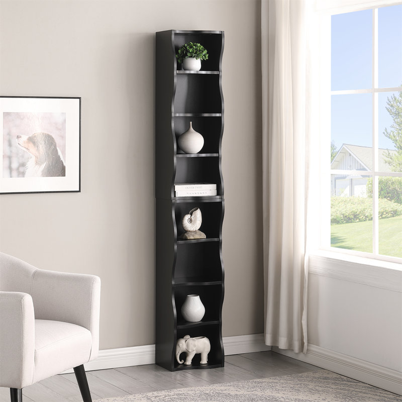 Bibliothèque ultra-mince à 8 tablettes réglables avec bordure ondulée, Noir