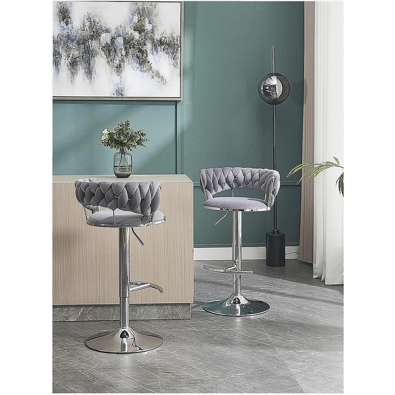 Ensemble de tabourets de bar 2 pièces, avec repose-pieds chromé et base pivotante avec mécanisme de réglage de la hauteur en velours et pieds chromés - tabouret de bar simple - gris
