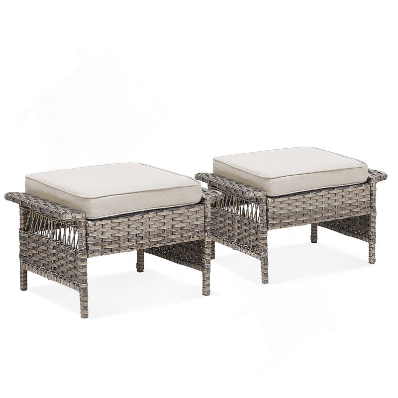 Ensemble de 2 repose-pieds d'extérieur en osier PE, coussins de patio en rotin gris avec coussins beiges pour cour ou terrasse