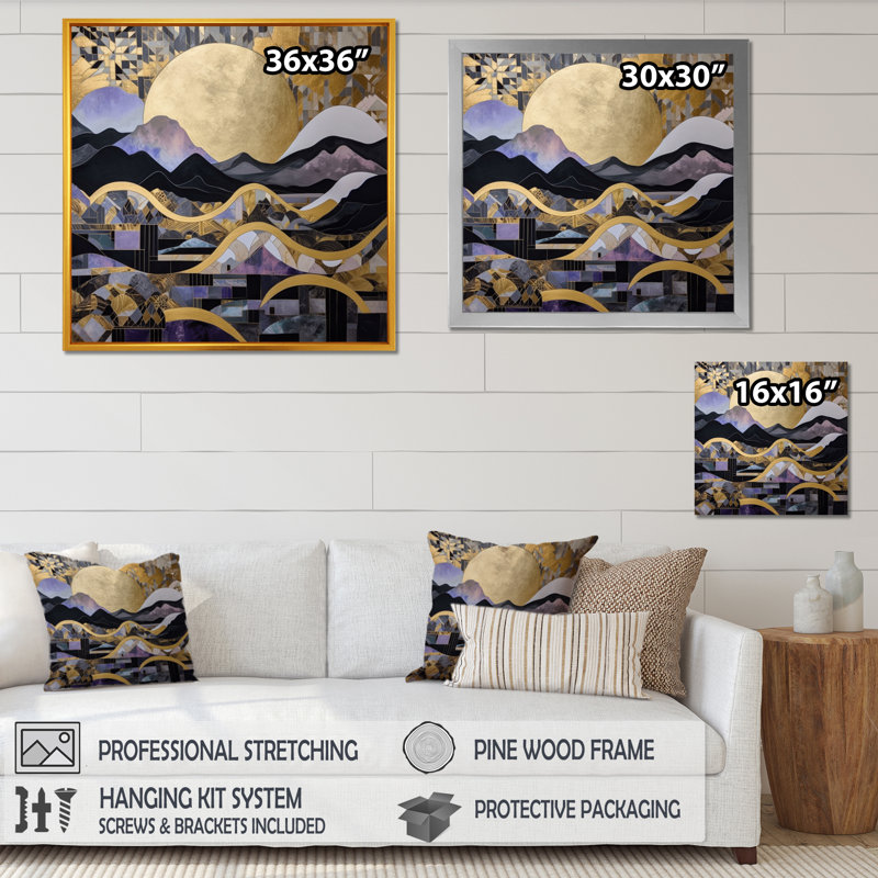 Golden Rising Moon I - reproduction d'art sur toile, H 30 po x l 30 po x P 1 po, Cadre flottant noir