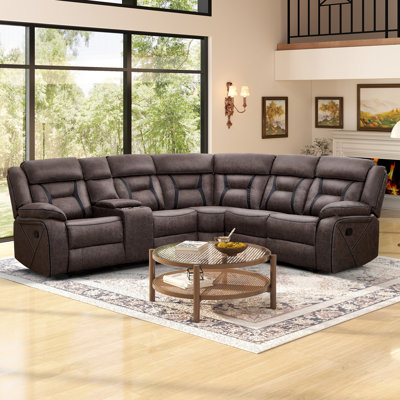 Rohan Curved 7-Piece Manual Reclining Faux Leather Sectional Sofa With Storage Console & Cup Holders