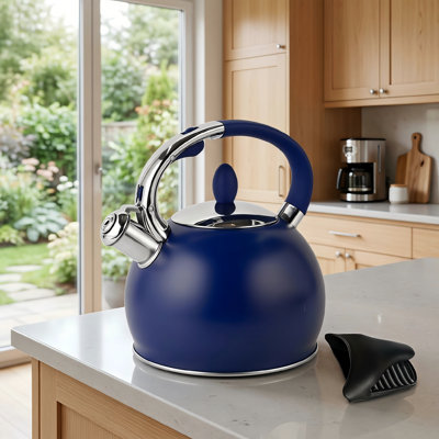 2.7‑quart food‑grade stainless steel stovetop whistling kettle in navy blue, ergonomic handle included, comes with one silicone heat‑resistant mitt, compatible with induction, gas, electric and radiant cooktops.