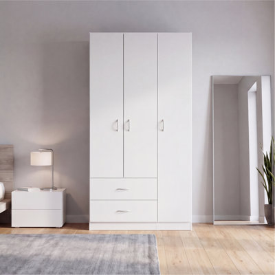 Ferrante Armoire with Three Drawers, Five Shelves and Hanging Rod, Modern Bedroom Storage