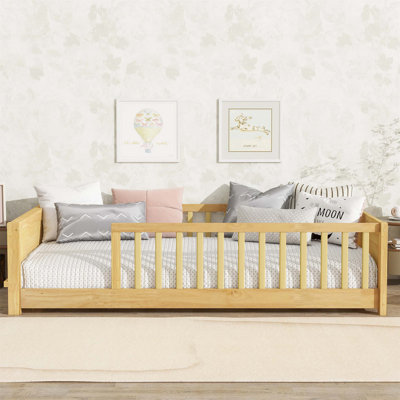Twin Size Floor Platform Bed with Built-in Book Rack, Natural Wood, Ideal for Compact Rooms and Child Safety