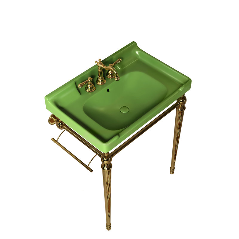 28" Ceramic Bathroom Console Sink, 3 Faucet Holes, Freestanding Stainless Steel Support With Towel Bar, Gold Color, High-Performance Integrated Basin, And Easy To Install Pre-Drilled Detachable
