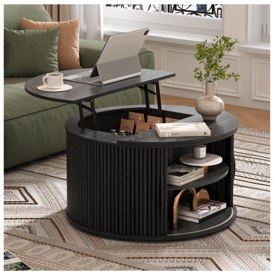 Round Coffee Table With Lifting Top, 31.5'' Drum Lift Top Coffee Table With Hidden Compartment, Fluted Small Circle Center Table For Living Room, Black