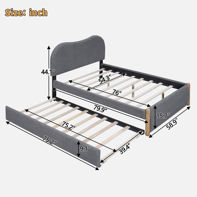 Berber Fleece Platform Bed With Curved Headboard And Twin Size Trundle