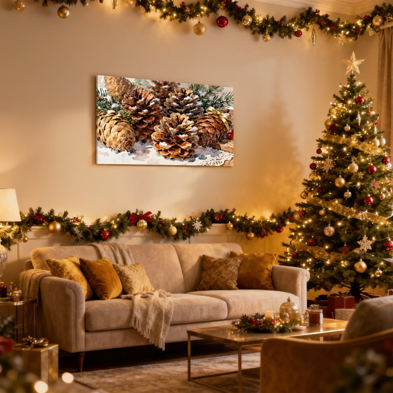 Ensemble de 3 impressions sur toile de Noël, pinecones et épinette, H 12 po x l 18 po