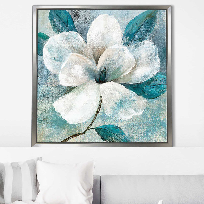 Sarcelle Magnolia I (carré) par Nan Print, Cadre flottant argent, H 27,5 po x l 27,5 po x P 2 po