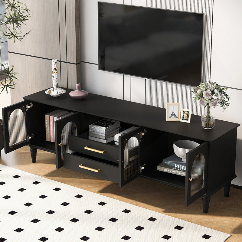 Meuble télé rétro de 68,9 po pour téléviseur de 75 po ou moins, console multimédia avec portes en verre cannelé et cinq pieds en bois massif pour le salon
