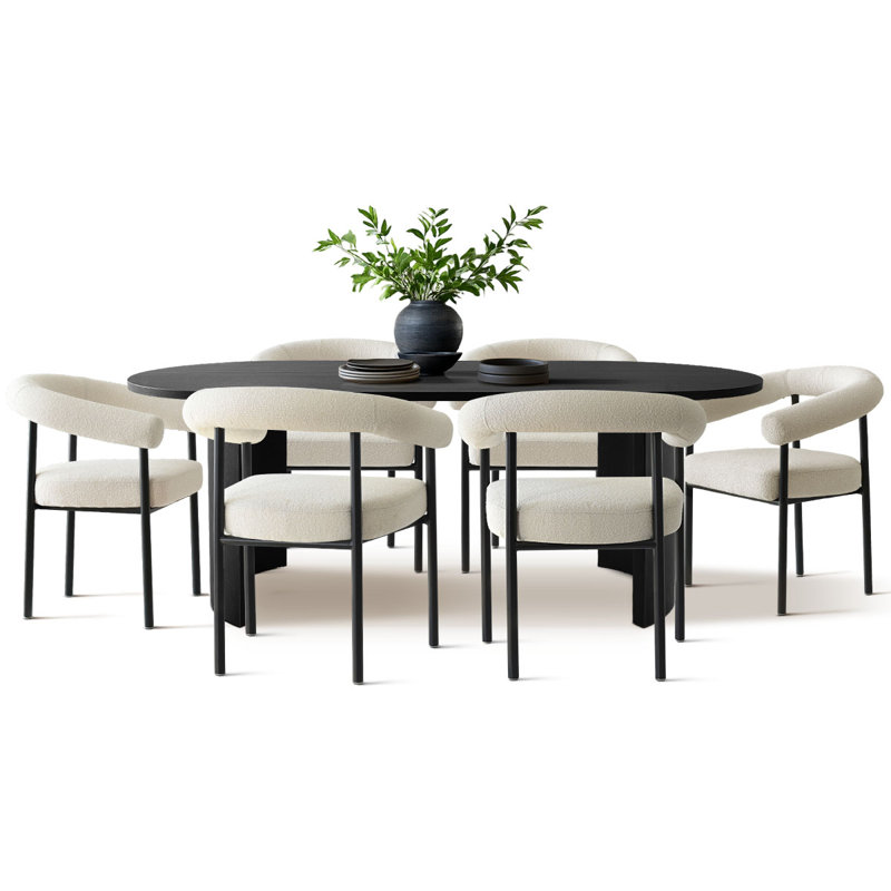 79'' Oval Black Dining Table With 6 Beige Boucle Upholstered Dining Chairs, Modern Dining Room Set