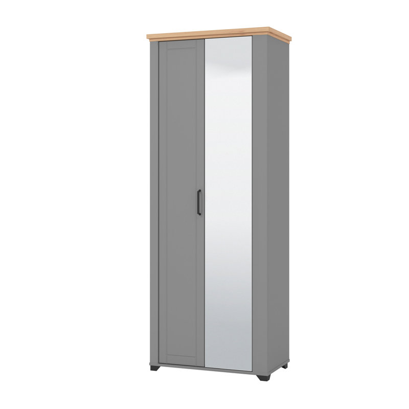 Havertz Grey And Artisan Oak Slim Narrow Shallow Depth Mirrored Wardrobe, Graphite Grey/Artisan Oak/Grey Mat Foil