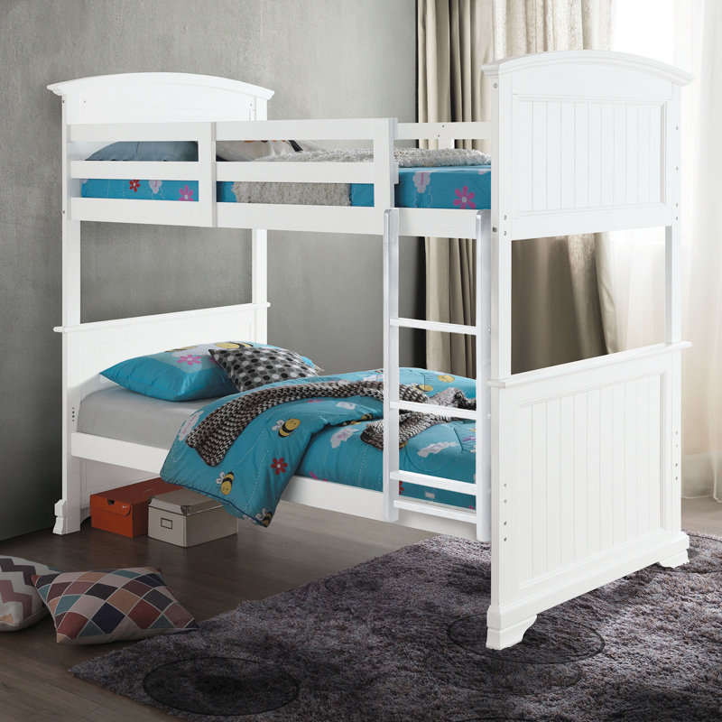 Lit simple superposé double transitionnel blanc avec conception en planches, tête de lit à panneau, pieds réversibles et à équerre, fabrication en bois d'ingénierie massif, système de joint de verrouillage à insert en blanc, bois