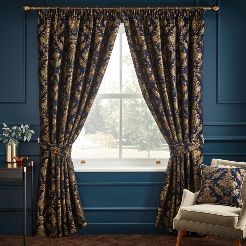 Shiraz Floral Damask Pencil Pleat Curtains, Navy, Width 229 x Drop 229cm