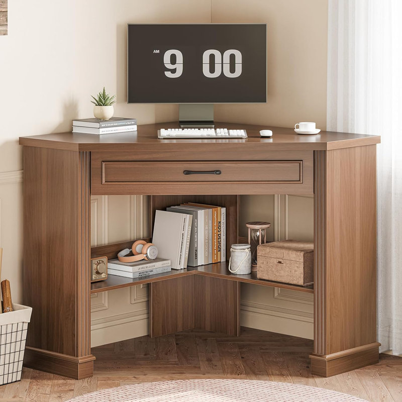 31.5" Small Corner Desk, Corner Desk For Small Space, Farmhouse Corner Computer Desk With Drawers, Small Computer Desk With Storage Shelves For Home Office, Living Room, Bedroom