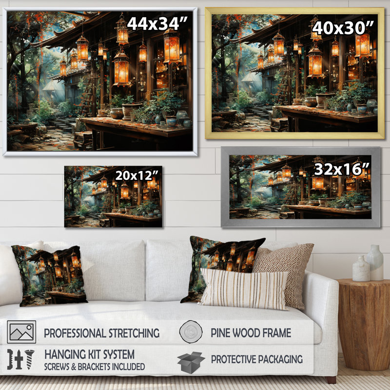 Japon Art Paper Lantern Glow IV - Japanese Canvas Wall Art, H 16 po x l 32 po x P 1 po, Cadre simple noir