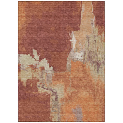 9' X 12' Orange And Burnt Orange Abstract Washable Indoor Outdoor Area Rug