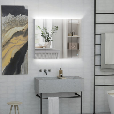 Armoire à pharmacie à DEL, organisateur de miroir de meuble-lavabo mural 35,5 po x 29,5 po avec gradateur tactile, trois portes et charge USB