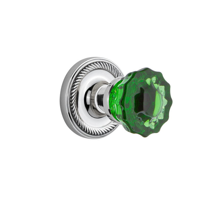 Rosette en corde avec bouton de porte en cristal émeraude, 2 3/8, Chrome brillant