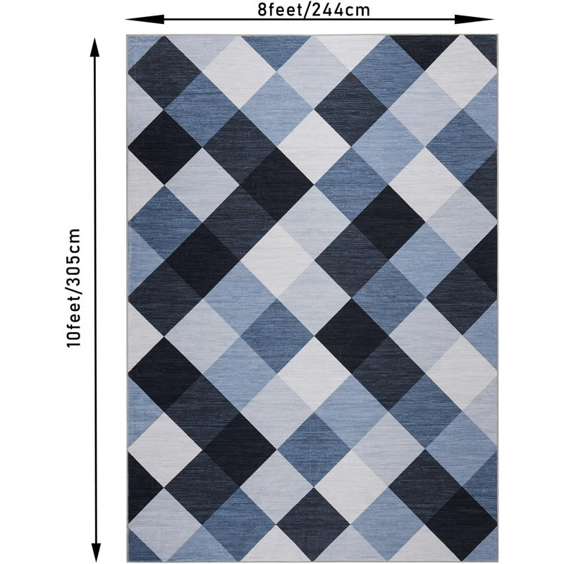 Tapis écossais lavable à la machine pour couloir, cuisine, chambre à coucher, salon, bleu marine et blanc, motif géométrique abstrait