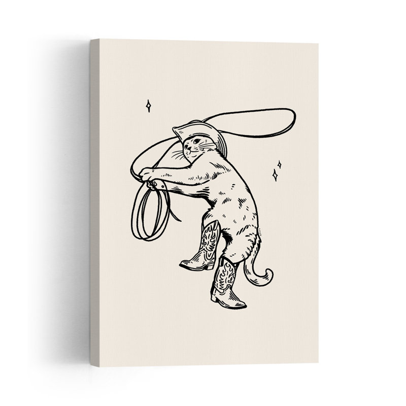 Cowboy Cat Lasso Playful Whimsical Contemporary Cat Wall Art Print 1 Piece Wrapped Canvas Wall Art, 91.44cm H x 60.96cm W