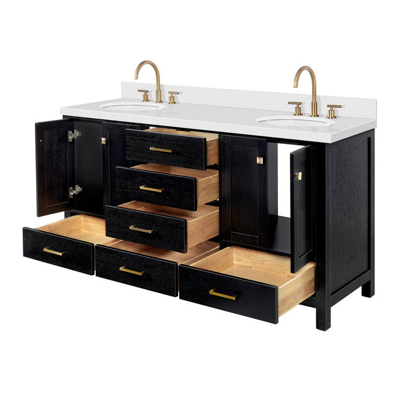 Amariani 67'' Double Bathroom Vanity with Top, Black Oak / Satin Brass, Oval