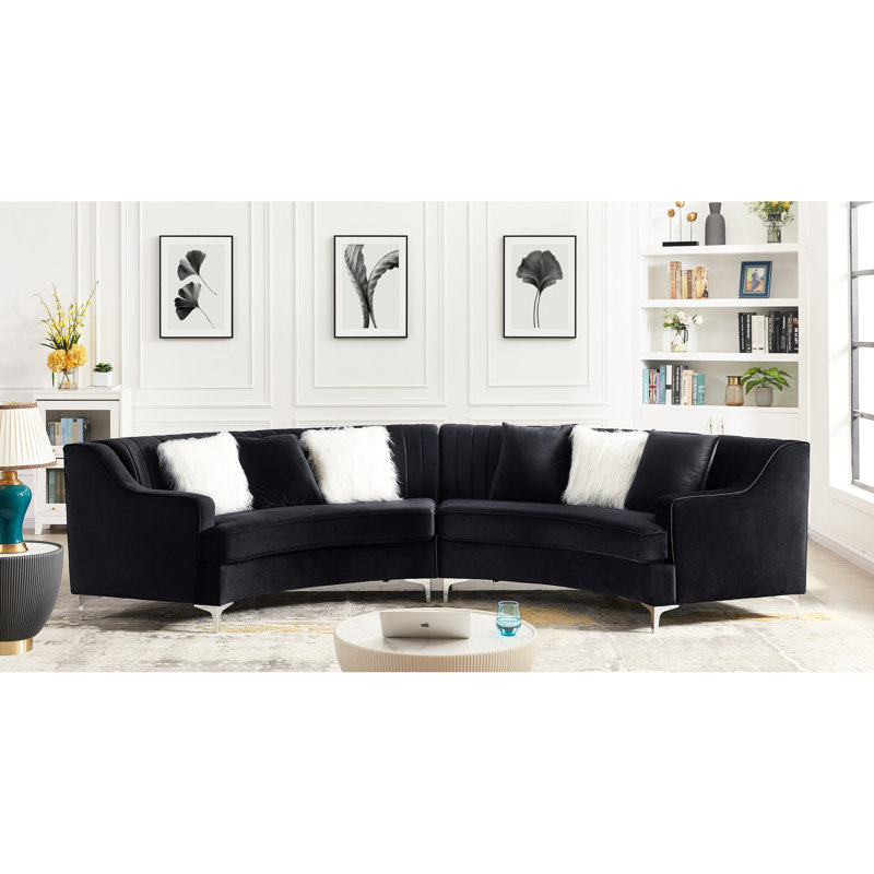 Velvet Curved In Black Hue - High Density Sponge, Solid Wood Construction, Easy Assembly Process Midnight Foam, S Spring Pack, Hardware Legs
