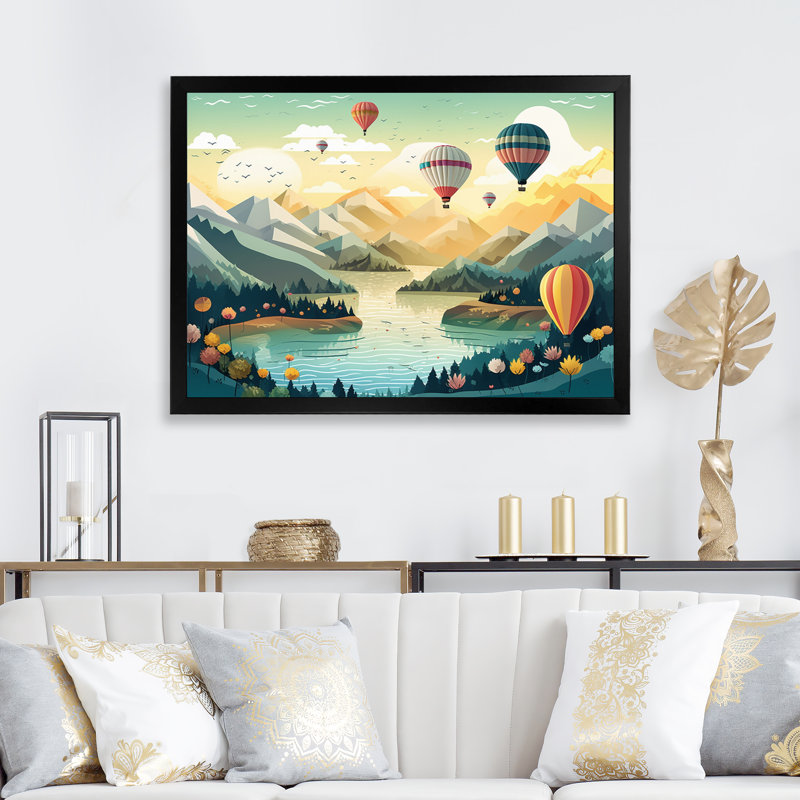 «Hot Air Balloon Off Into The Sky I», reproduction sur toile, Cadre simple noir, H 12 po x l 20 po x P 1 po