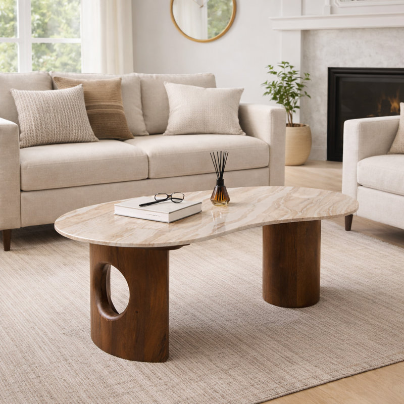 Marble Coffee Table With Sculptural Wooden Legs For Home Decor - Versatile Small Table For Living Room Decor And Office Spaces - 41", Brown & Gray