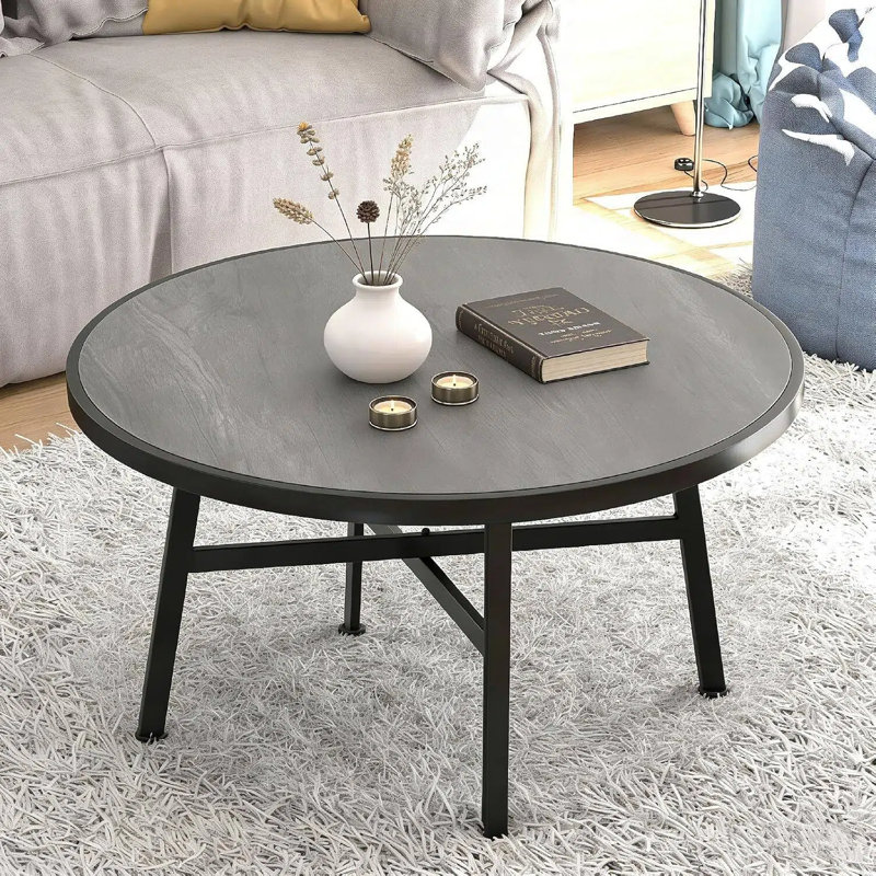 Table basse ronde, table basse circulaire industrielle pour le salon, étagère de rangement en bois rustique avec pied de table en X en métal, mobilier de maison moderne