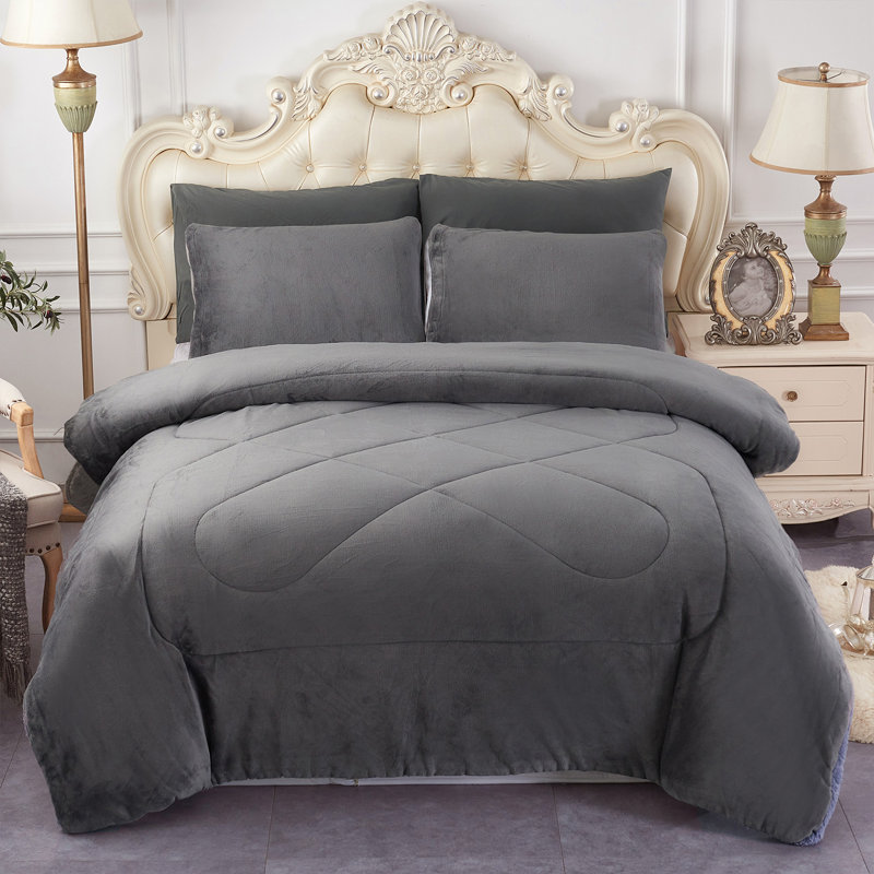 JML BorregoSolid1024 Microfiber Reversible 3 Piece Comforter Set, Sherpa Flannel Fleece Bed Blanket, King/Queen , Gray