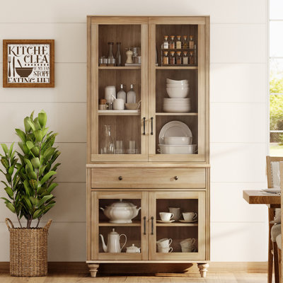 Corretta Sideboard Cabinet With Glass Doors & Drawer, Buffet Cabinet With Storage, Oak, 34''