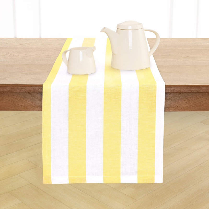 Cabana Stripe - 100% Pure Linen Table Runner, 60" x 14", Primrose Yellow/White