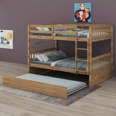 Full Over Full Rubber Wood Bunk Bed With Trundle, Convertible To 2 Full Size Beds, With Twin Size Trundle