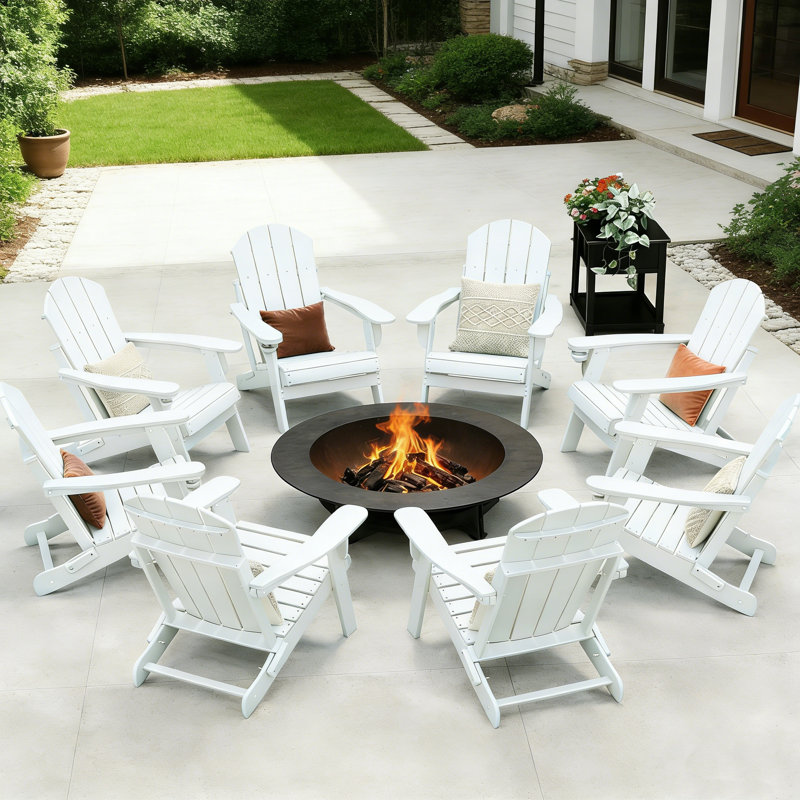 Set Of 8 Foldable Outdoor Adirondack Chair With Cup Holder, White