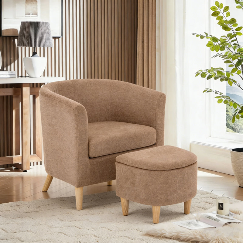 Upholstered Accent Chair with Storage Ottoman, Mid Century Modern Barrel Armchair and Footrest Set，Leisure Sofa Reading Chair Living Room Chair and Footstool for Living Room Bedroom Reading Room