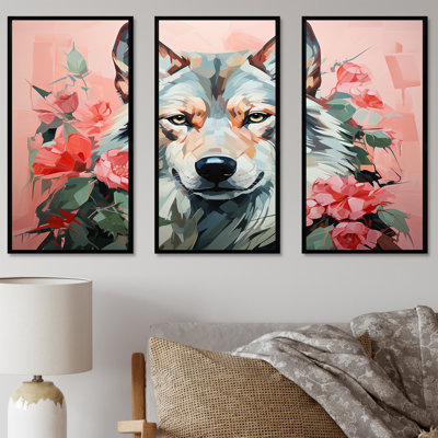 Portrait de loup bohémien rose et vert IV - loup, art mural