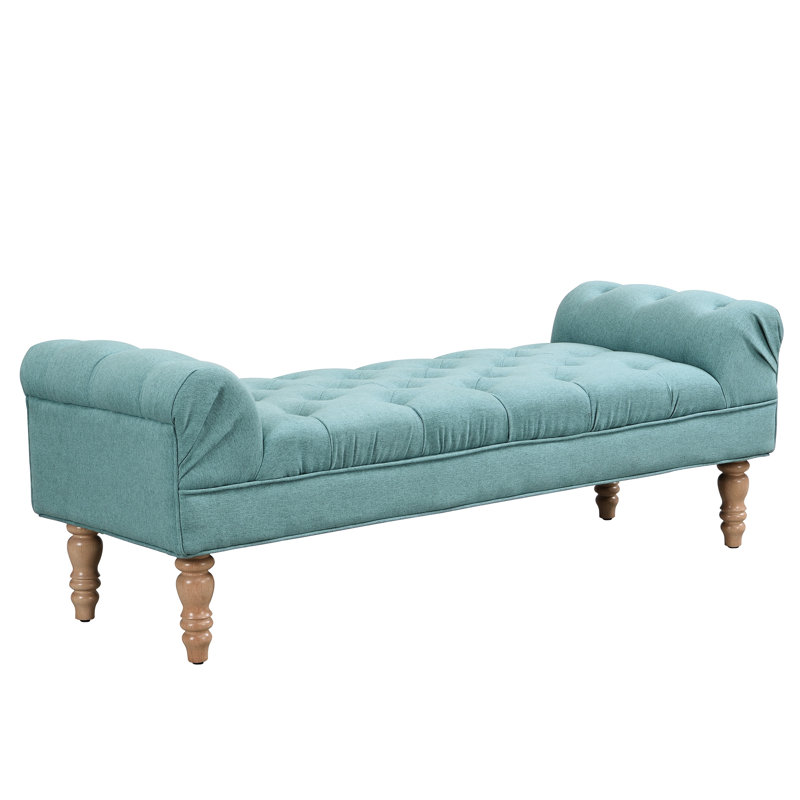 Grand banc rembourré capitonné bleu sarcelle avec boutons de siège confortables, accoudoirs roulés avec repose-pieds et revêtement de peau pour le piano de salon