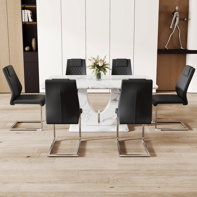 Ensemble de salle à manger en MDF à motif de marbre avec 6 chaises en polyuréthane, Noir