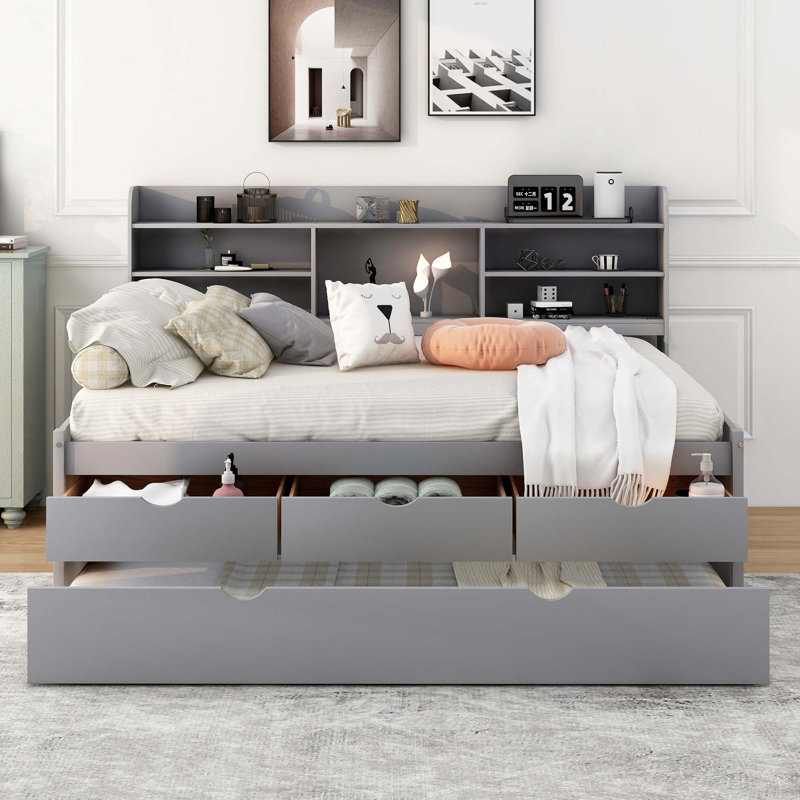 Wooden Captain Daybed Bed with Built-in Bookshelves, Gray, Full/Double