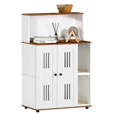 2 - Cat Litter Box Enclosure, Multi Functional Side Cabinet, Hidden Toilet, Two Compartments, White And Walnut Particle Board Double Room For Cats, Purpose Use, Doors, Air Holes On Door, Construction