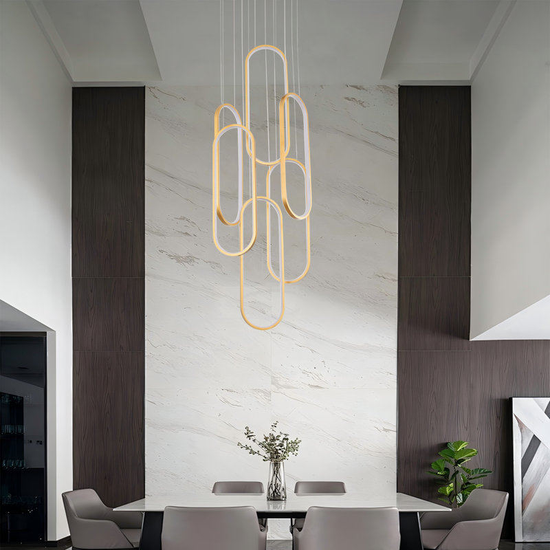 6 Rings Modern Led Chandeliers For Foyer Entryway High Ceiling,dimmable Long Staircase Chandeliers, Flush Mount 2700k-6000k