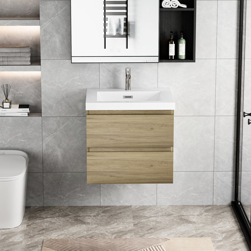 Meuble-lavabo de salle de bain, chêne naturel de 24 po, comptoir en résine, tiroirs à fermeture en douceur pour luxe et fonctionnalité moderne avec lavabo, armoire murale, tiroirs, éblouissement en chêne