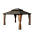 12 pi. X 14 pi Pavillon de jardin en bois de cèdre brun avec toit double en acier galvanisé, rideaux et filet-116937550