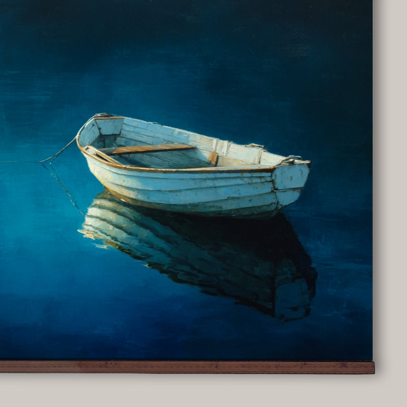«Blue Boat on Water Tapisserie», impression sur toile nautique côtière avec crochets en bois, H 45 po x l 73 po