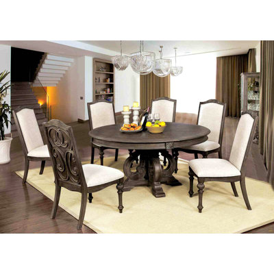 Elegant Rustic 7Pc Dining Set Round Table And 6X Side Chairs Ivory Fabric Upholstered Seat Natural Tone