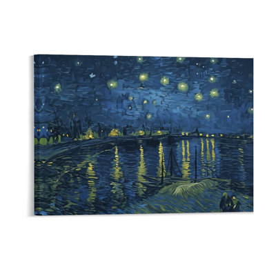 Van Gogh-Style Starry Night River, cadre en bois à l'arrière encastré, décoration murale, l 36 x L 24