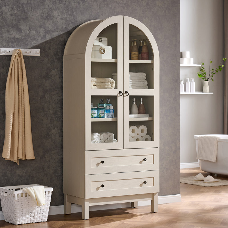 Armoire de rangement de 71 po de hauteur pour salle de bain arquée moderne, armoires de rangement en bois de ferme avec 2 grands tiroirs et tablettes réglables