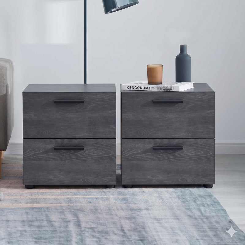 Nestl Wooden Nightstand with 2 Drawers, Black, 2